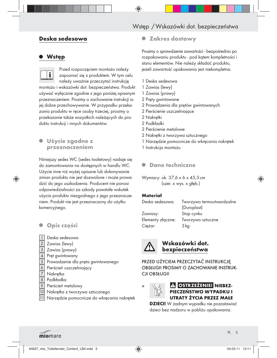 Wstęp / wskazówki dot. bezpieczeństwa, Deska sedesowa, Wstęp | Użycie zgodne z przeznaczeniem, Opis części, Zakres dostawy, Dane techniczne, Wskazówki dot. bezpieczeństwa | Miomare Z30832 User Manual | Page 3 / 16