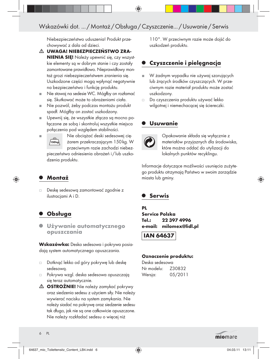 Montaż, Obsługa, Używanie automatycznego opuszczania | Czyszczenie i pielęgnacja, Usuwanie, Serwis | Miomare Z30832 User Manual | Page 4 / 16