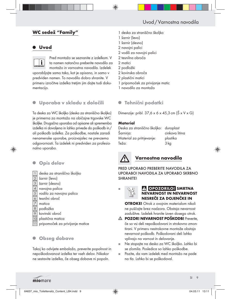 Uvod / varnostna navodila, Wc sedež “family, Uvod | Uporaba v skladu z določili, Opis delov, Obseg dobave, Tehnični podatki, Varnostna navodila | Miomare Z30832 User Manual | Page 7 / 16