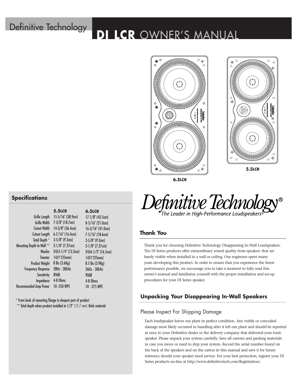 Definitive Technology 6.5LCR User Manual | 8 pages