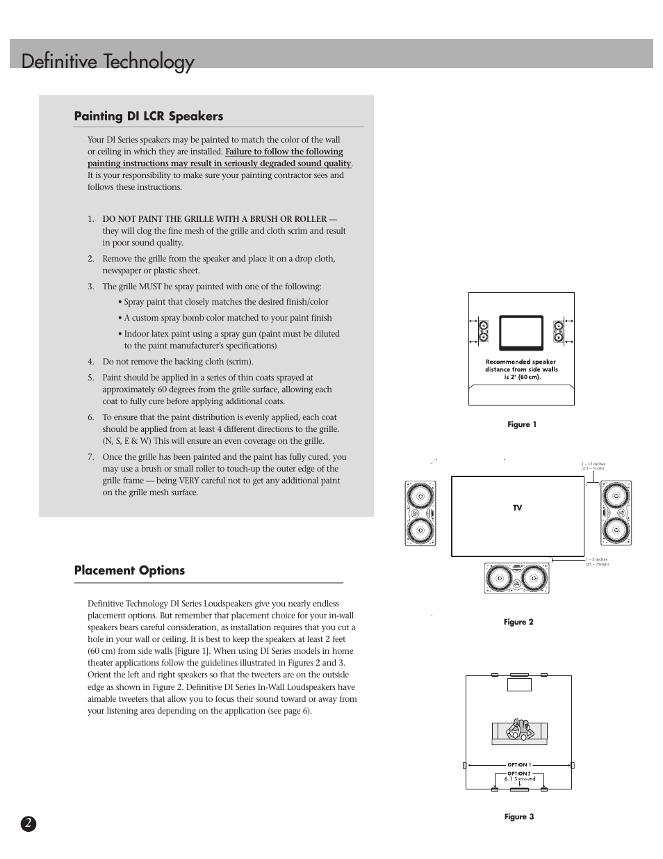 Definitive technology, Painting di lcr speakers, Placement options | Definitive Technology 6.5LCR User Manual | Page 2 / 8