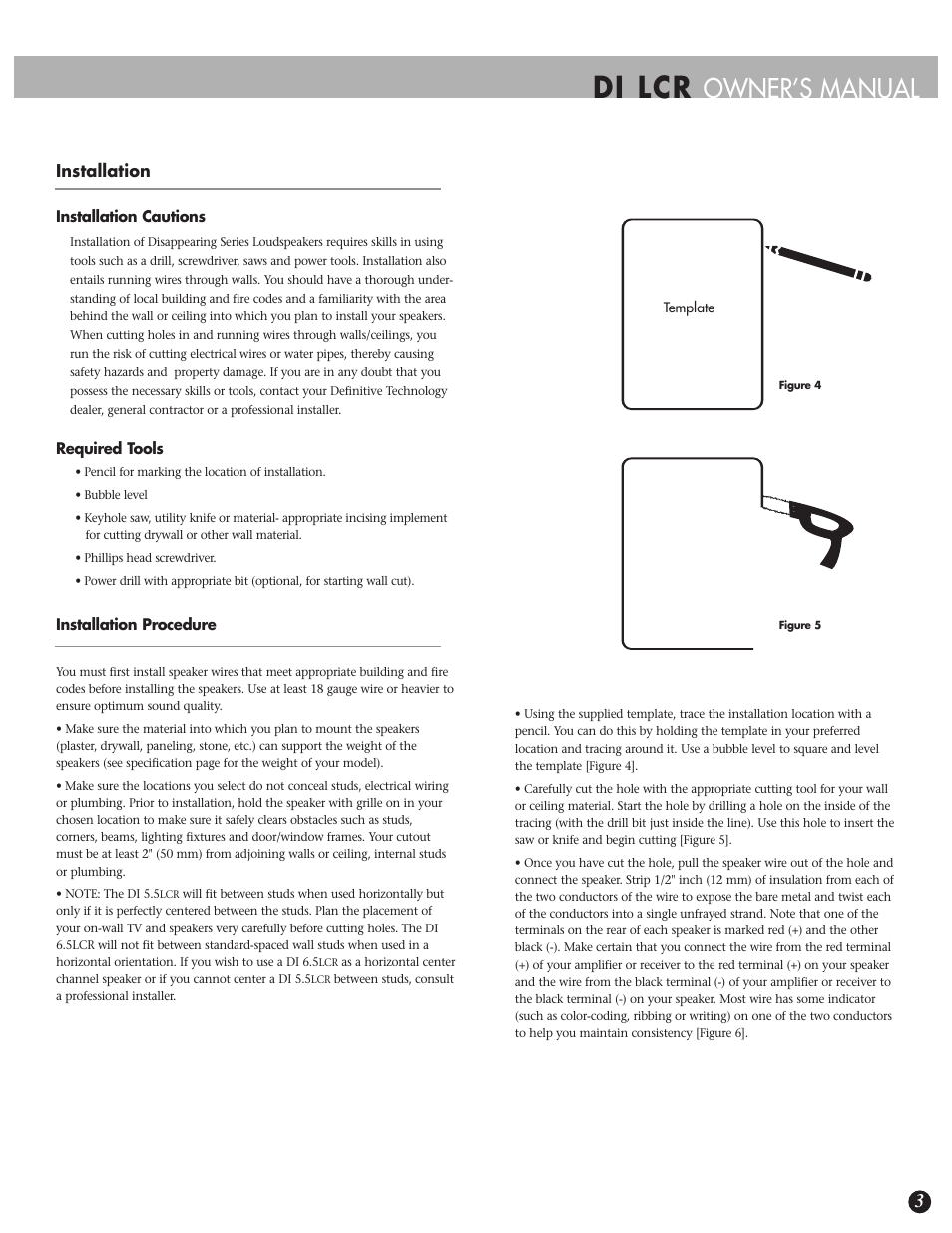 Di lcr, Owner’s manual, Installation | Definitive Technology 6.5LCR User Manual | Page 3 / 8