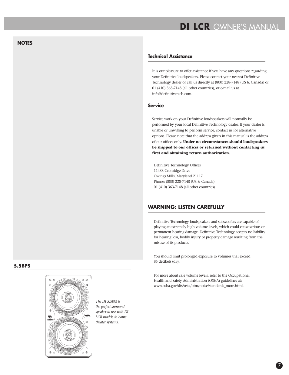 Di lcr, Owner’s manual | Definitive Technology 6.5LCR User Manual | Page 7 / 8