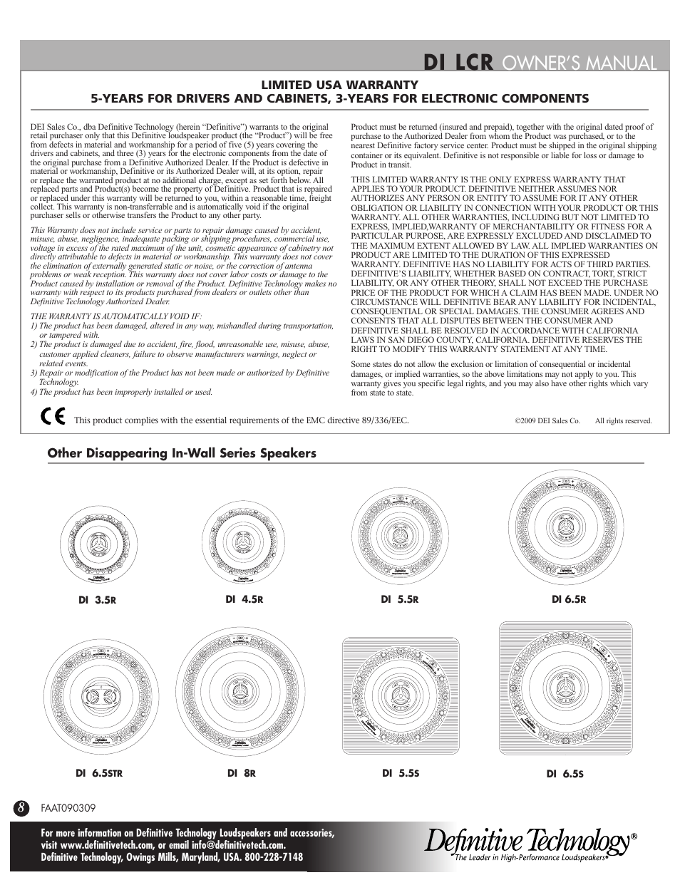Di lcr, Owner’s manual | Definitive Technology 6.5LCR User Manual | Page 8 / 8
