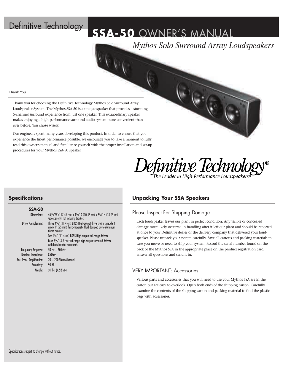 Definitive Technology SSA-50 User Manual | 4 pages