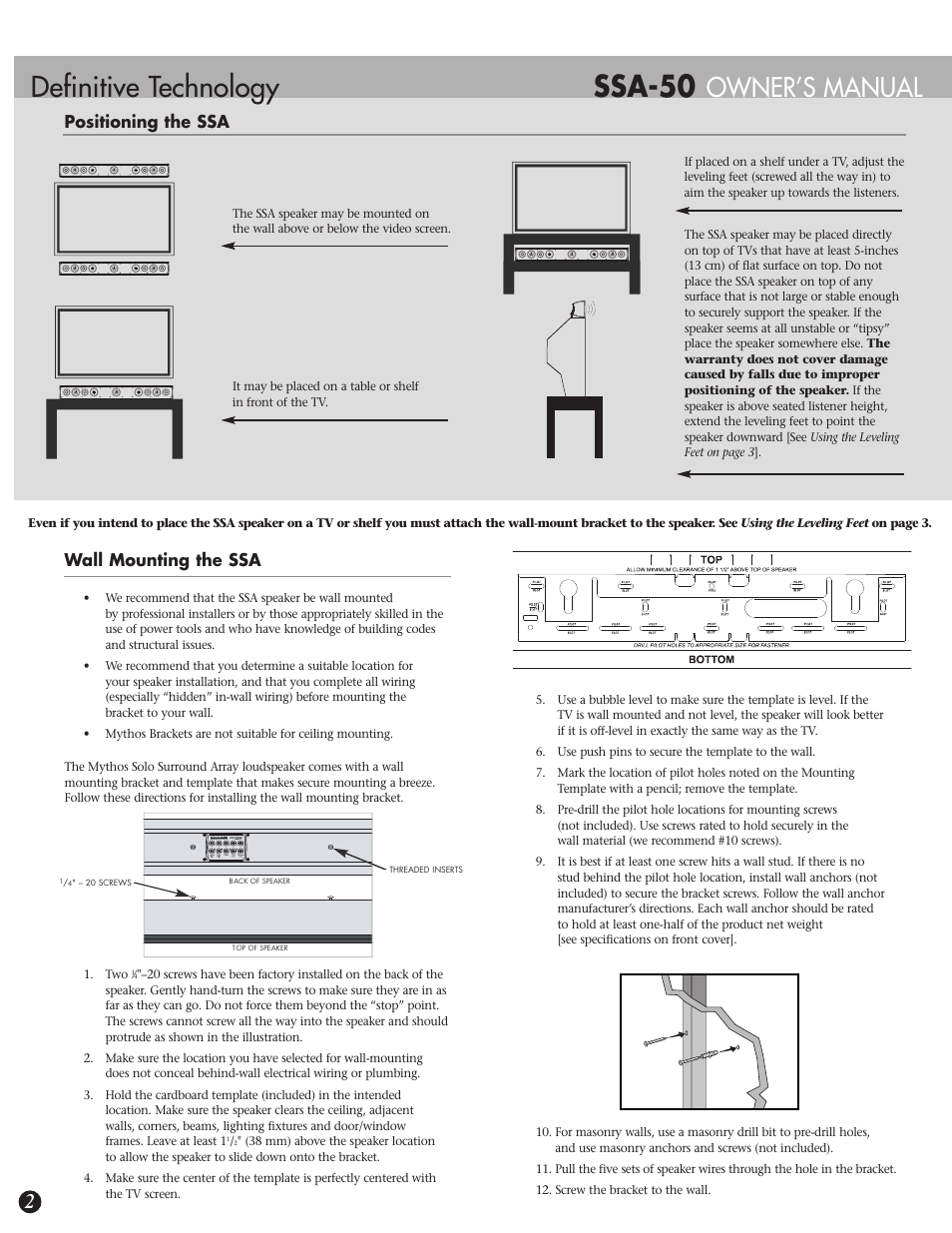 Ssa-50, Definitive technology, Owner’s manual | Wall mounting the ssa, Positioning the ssa | Definitive Technology SSA-50 User Manual | Page 2 / 4