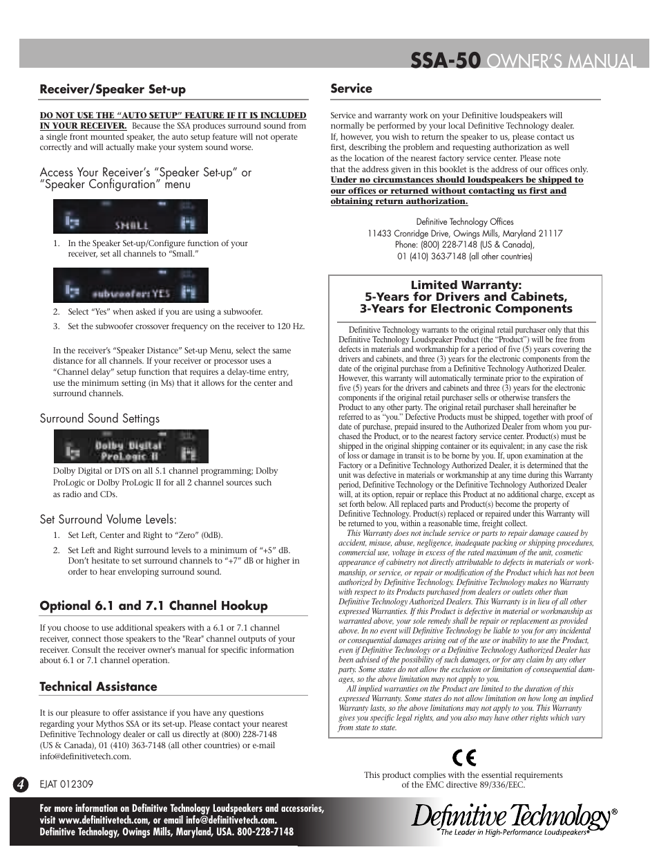 Ssa-50, Owner’s manual | Definitive Technology SSA-50 User Manual | Page 4 / 4