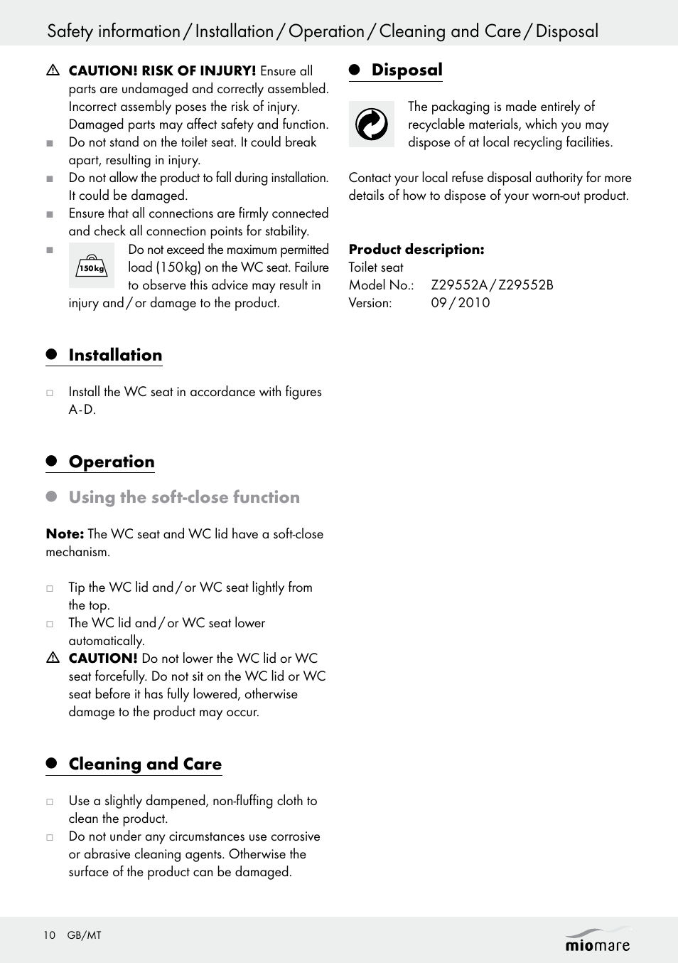 Installation, Operation, Using the soft-close function | Cleaning and care, Disposal | Miomare Z29552A Z29552B User Manual | Page 10 / 14