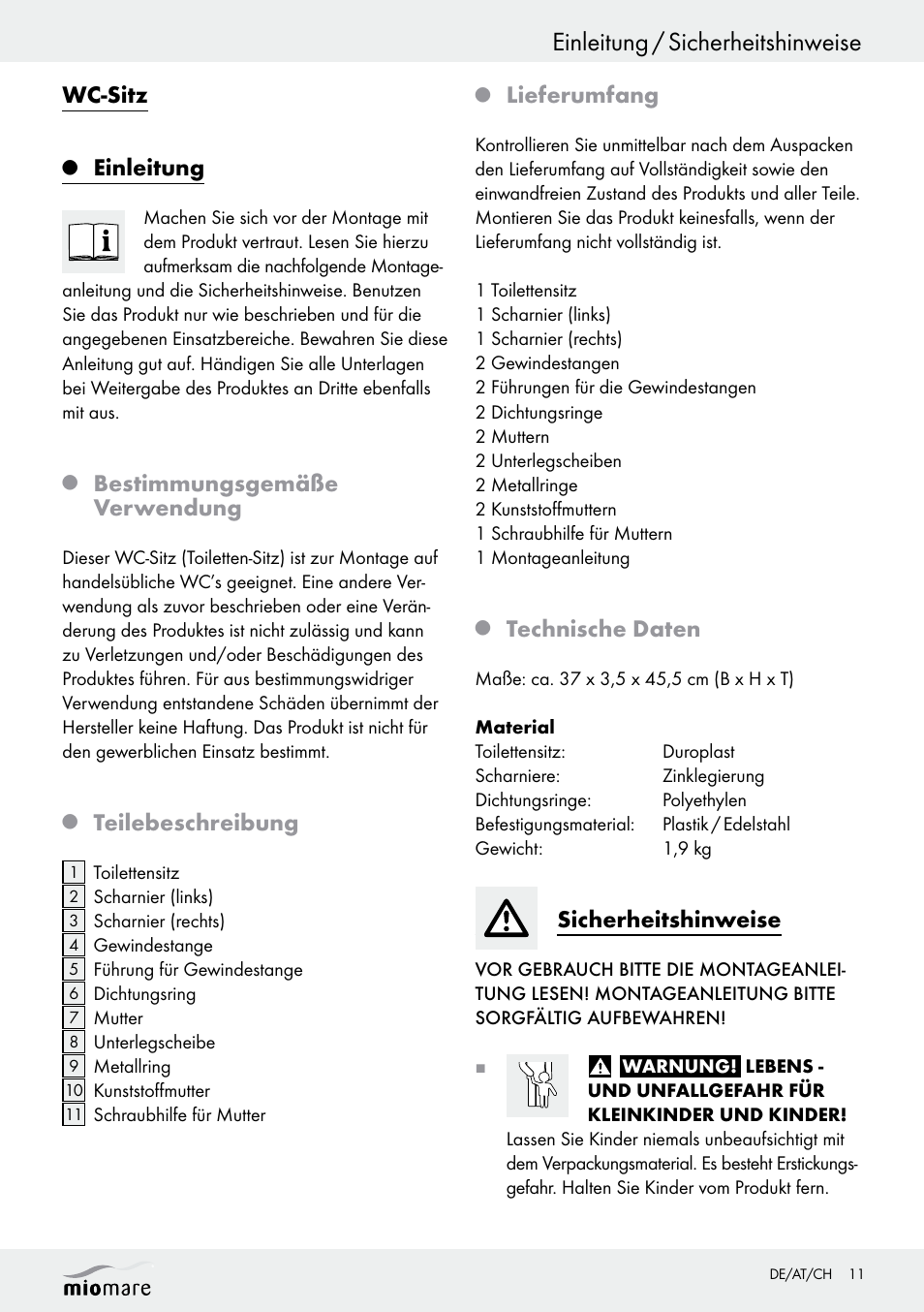 Einleitung / sicherheitshinweise, Wc-sitz, Einleitung | Bestimmungsgemäße verwendung, Teilebeschreibung, Lieferumfang, Technische daten, Sicherheitshinweise | Miomare Z29552A Z29552B User Manual | Page 11 / 14