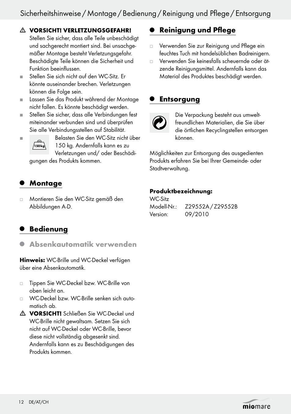 Montage, Bedienung, Absenkautomatik verwenden | Reinigung und pflege, Entsorgung | Miomare Z29552A Z29552B User Manual | Page 12 / 14