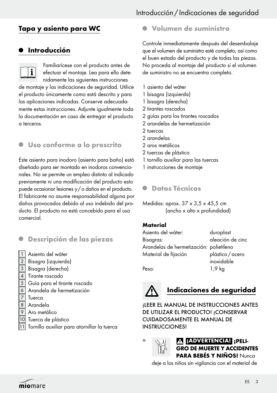 Introducción / indicaciones de seguridad, Tapa y asiento para wc, Introducción | Uso conforme a lo prescrito, Descripción de las piezas, Volumen de suministro, Datos técnicos, Indicaciones de seguridad | Miomare Z29552A Z29552B User Manual | Page 3 / 14
