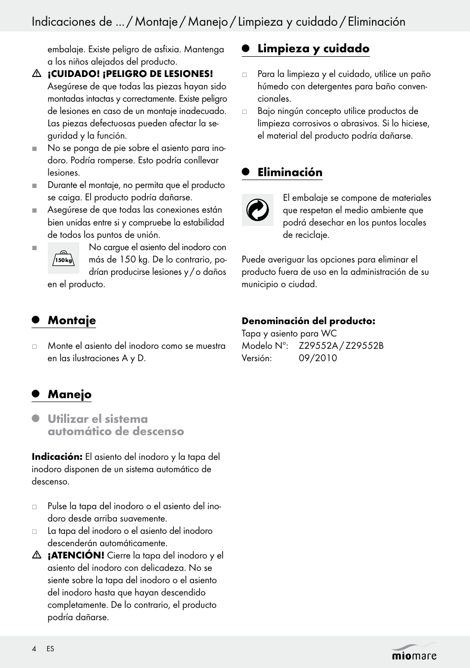 Montaje, Manejo, Utilizar el sistema automático de descenso | Limpieza y cuidado, Eliminación | Miomare Z29552A Z29552B User Manual | Page 4 / 14