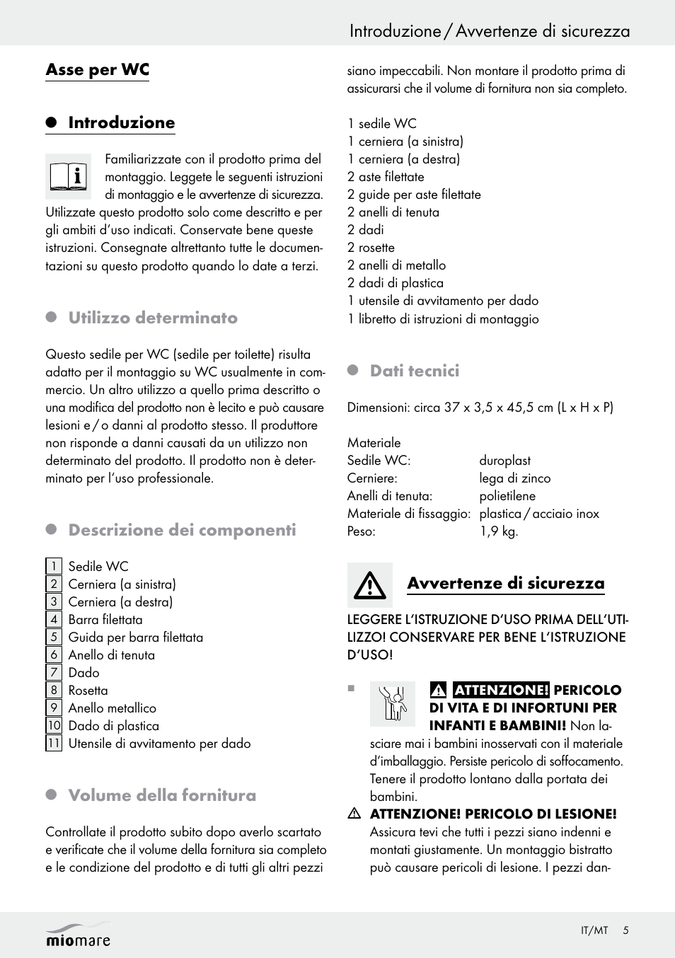 Introduzione / avvertenze di sicurezza, Asse per wc, Introduzione | Utilizzo determinato, Descrizione dei componenti, Volume della fornitura, Dati tecnici, Avvertenze di sicurezza | Miomare Z29552A Z29552B User Manual | Page 5 / 14