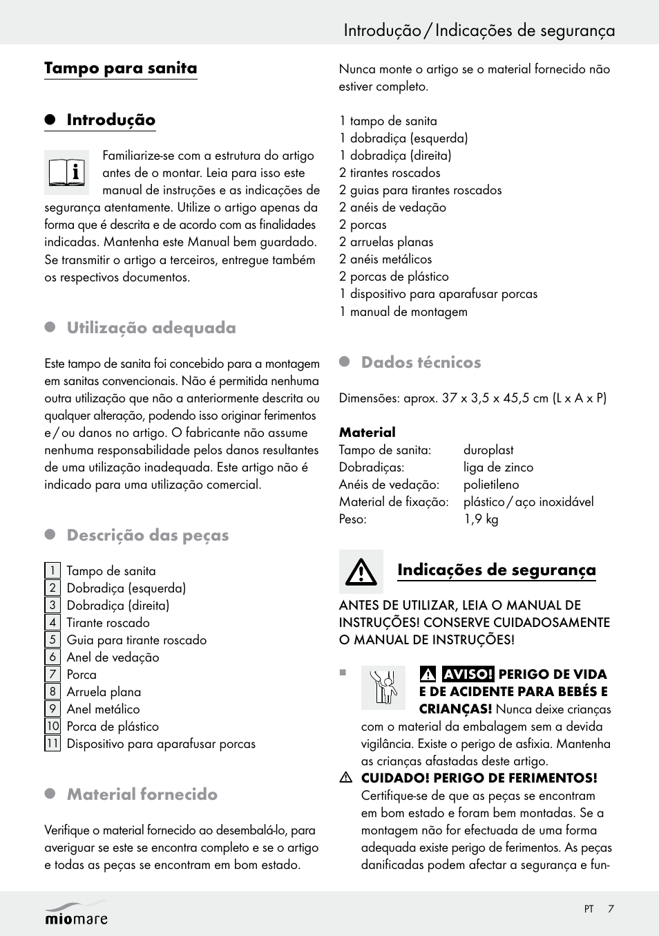 Introdução / indicações de segurança, Tampo para sanita, Introdução | Utilização adequada, Descrição das peças, Material fornecido, Dados técnicos, Indicações de segurança | Miomare Z29552A Z29552B User Manual | Page 7 / 14