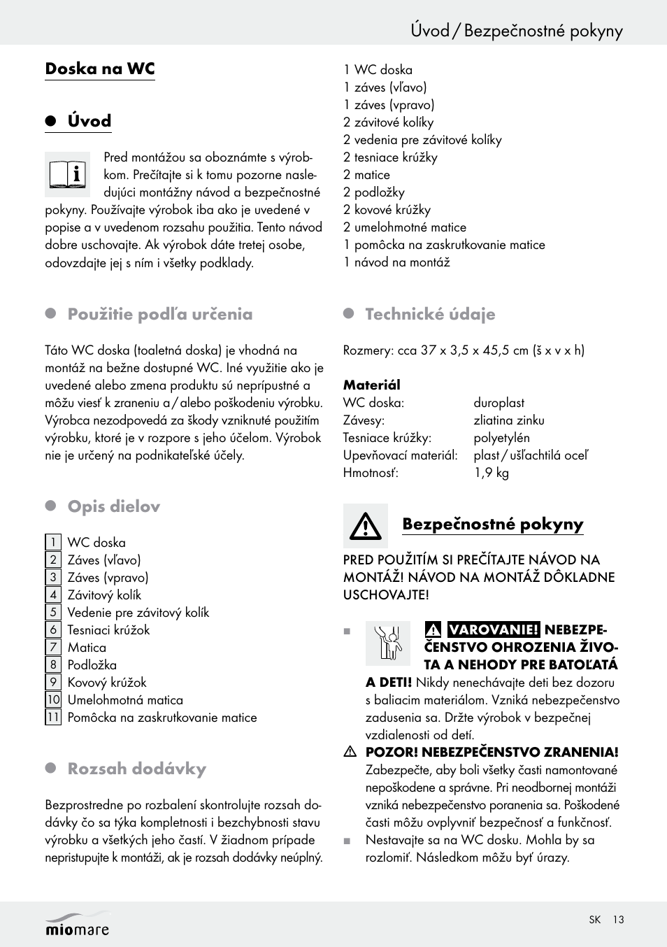 Úvod / bezpečnostné pokyny, Doska na wc, Úvod | Použitie podľa určenia, Opis dielov, Rozsah dodávky, Technické údaje, Bezpečnostné pokyny | Miomare Z29552A Z29552B User Manual | Page 13 / 18