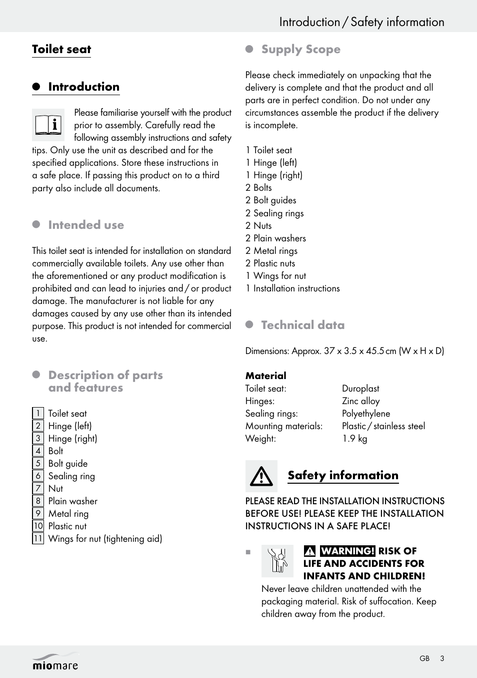 Introduction / safety information, Toilet seat, Introduction | Intended use, Description of parts and features, Supply scope, Technical data, Safety information | Miomare Z29552A Z29552B User Manual | Page 3 / 18