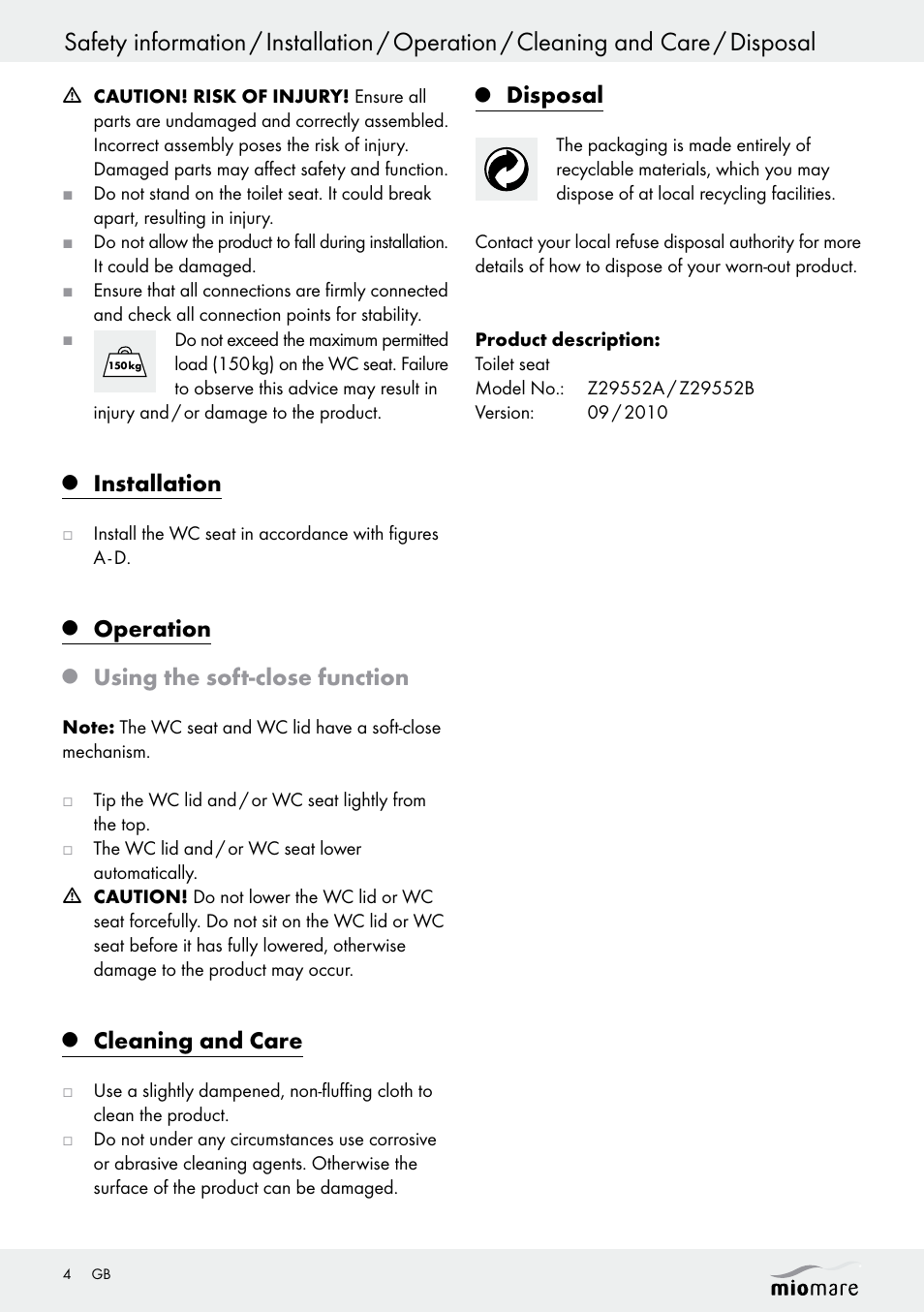 Installation, Operation, Using the soft-close function | Cleaning and care, Disposal | Miomare Z29552A Z29552B User Manual | Page 4 / 18