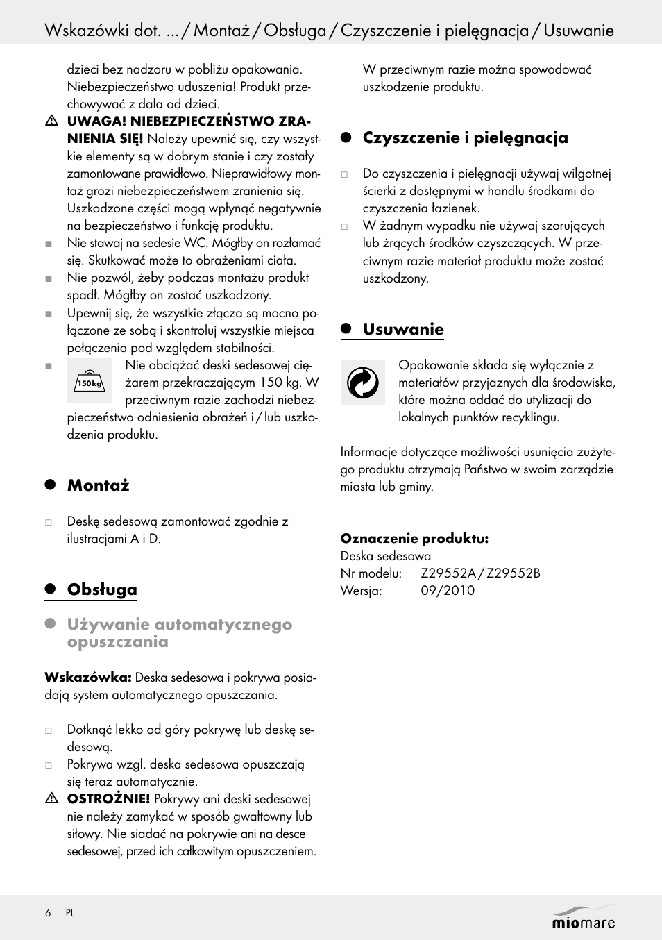 Montaż, Obsługa, Używanie automatycznego opuszczania | Czyszczenie i pielęgnacja, Usuwanie | Miomare Z29552A Z29552B User Manual | Page 6 / 18
