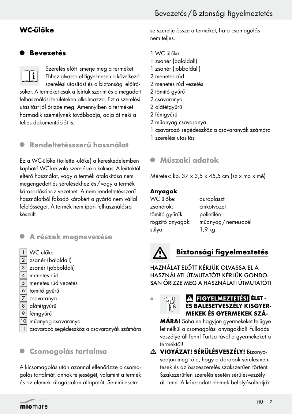 Bevezetés / biztonsági figyelmeztetés, Wc-ülőke, Bevezetés | Rendeltetésszerű használat, A részek megnevezése, Csomagolás tartalma, Műszaki adatok, Biztonsági figyelmeztetés | Miomare Z29552A Z29552B User Manual | Page 7 / 18