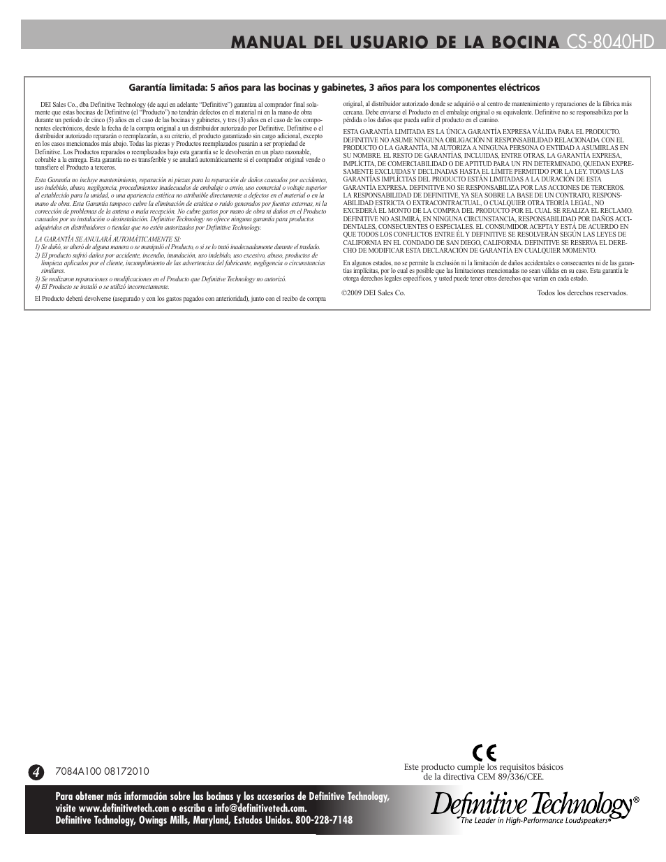 Cs-8040hd, Manual del usuario de la bocina | Definitive Technology CS-8040HD User Manual | Page 12 / 12