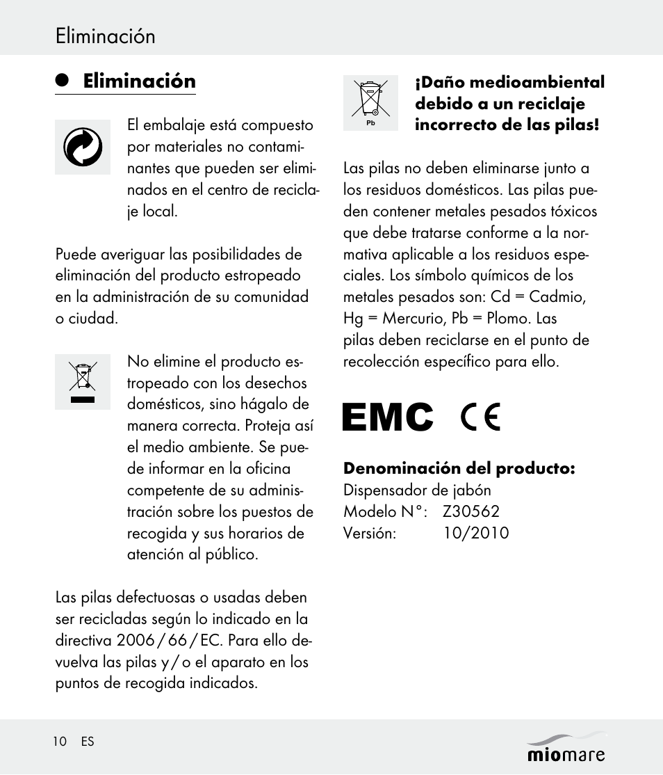 Eliminación | Miomare Z30562 User Manual | Page 10 / 39