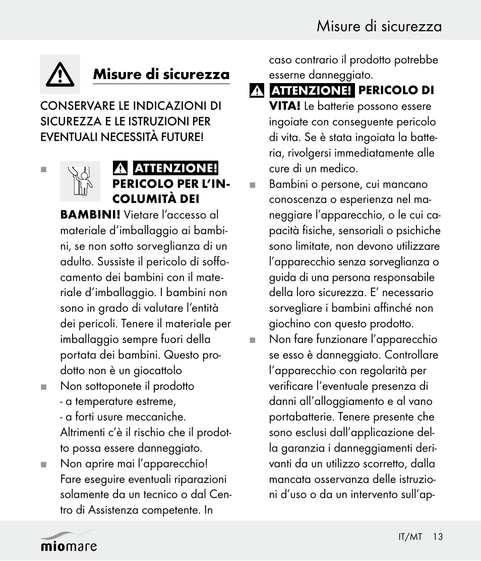 Misure di sicurezza | Miomare Z30562 User Manual | Page 13 / 39