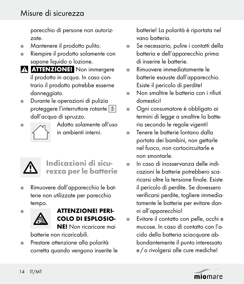 Misure di sicurezza, Indicazioni di sicu- rezza per le batterie | Miomare Z30562 User Manual | Page 14 / 39