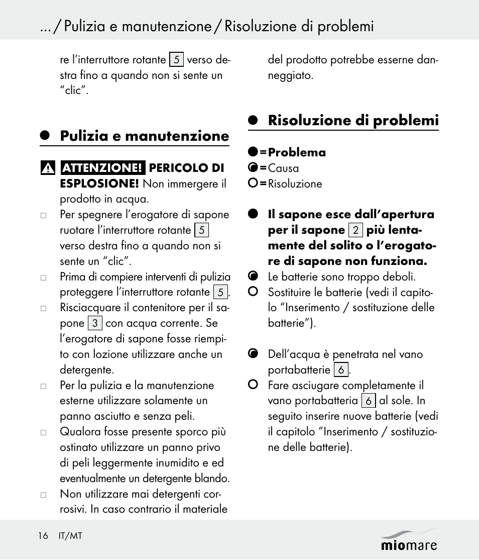 Pulizia e manutenzione / risoluzione di problemi, Pulizia e manutenzione, Risoluzione di problemi | Miomare Z30562 User Manual | Page 16 / 39