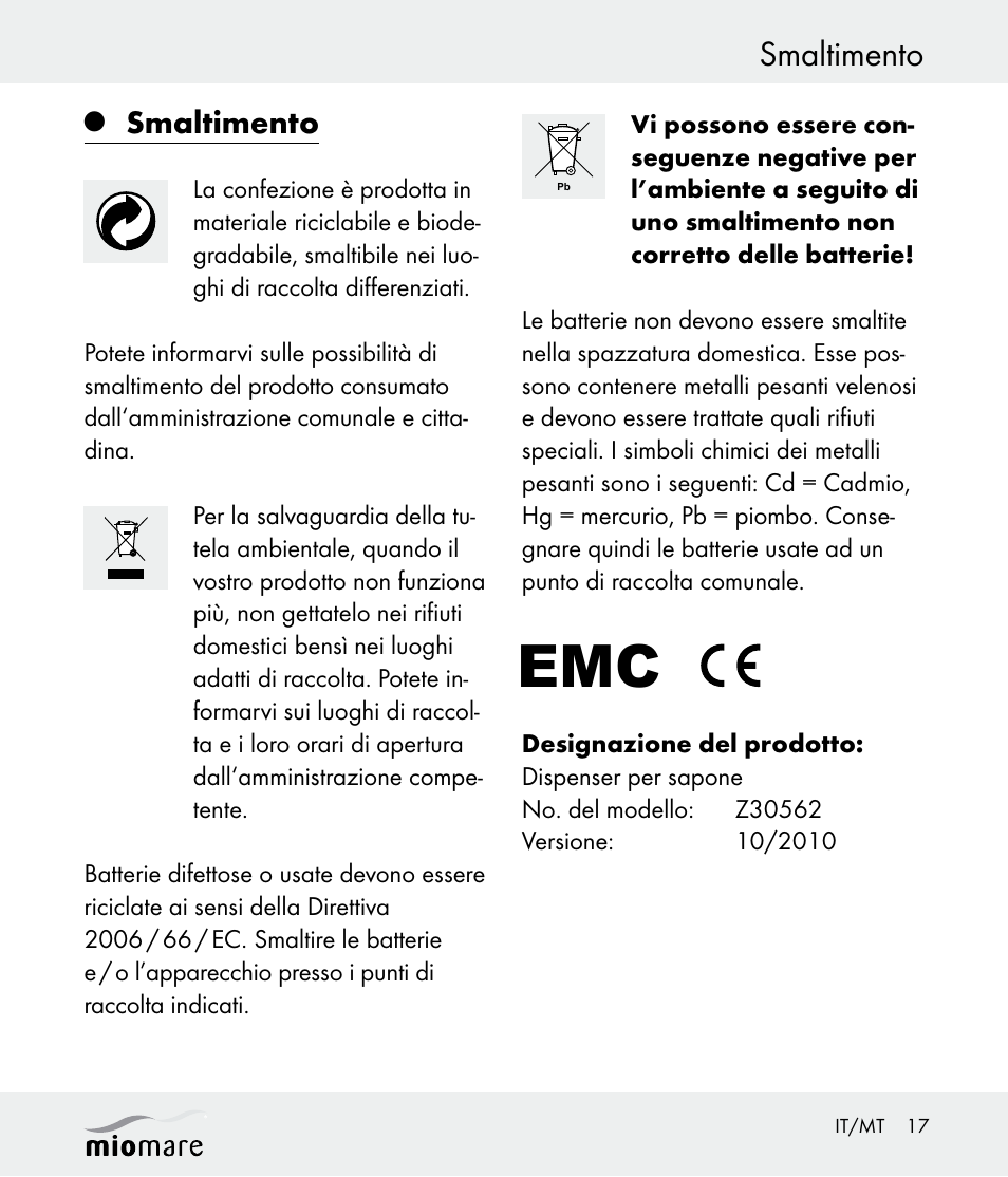Smaltimento | Miomare Z30562 User Manual | Page 17 / 39