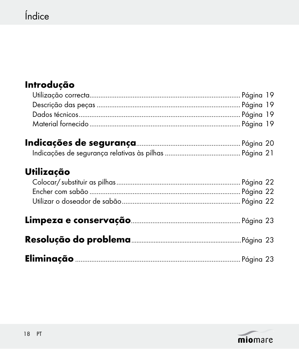 Índice, Introdução, Indicações de segurança | Utilização, Limpeza e conservação, Resolução do problema, Eliminação | Miomare Z30562 User Manual | Page 18 / 39