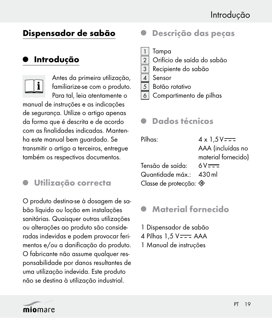 Introdução, Dispensador de sabão, Utilização correcta | Descrição das peças, Dados técnicos, Material fornecido | Miomare Z30562 User Manual | Page 19 / 39