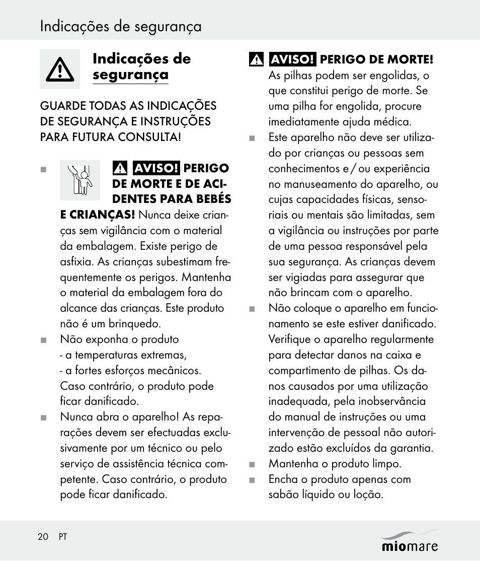 Indicações de segurança | Miomare Z30562 User Manual | Page 20 / 39