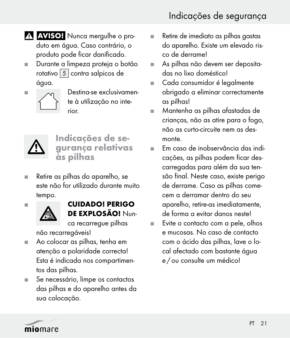 Indicações de segurança, Indicações de se- gurança relativas às pilhas | Miomare Z30562 User Manual | Page 21 / 39