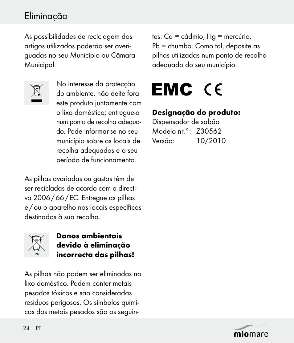 Eliminação | Miomare Z30562 User Manual | Page 24 / 39