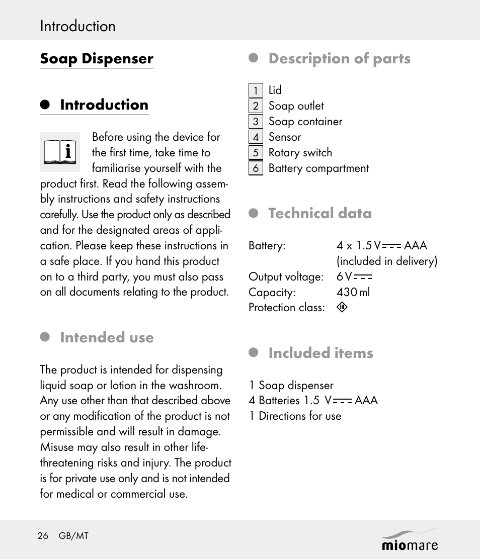 Introduction, Soap dispenser, Intended use | Description of parts, Technical data, Included items | Miomare Z30562 User Manual | Page 26 / 39