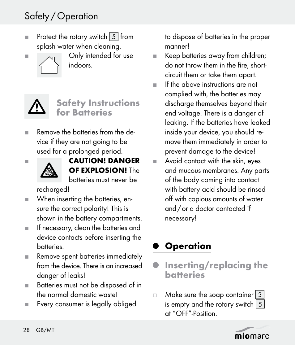 Safety / operation, Safety instructions for batteries, Operation | Inserting/replacing the batteries | Miomare Z30562 User Manual | Page 28 / 39