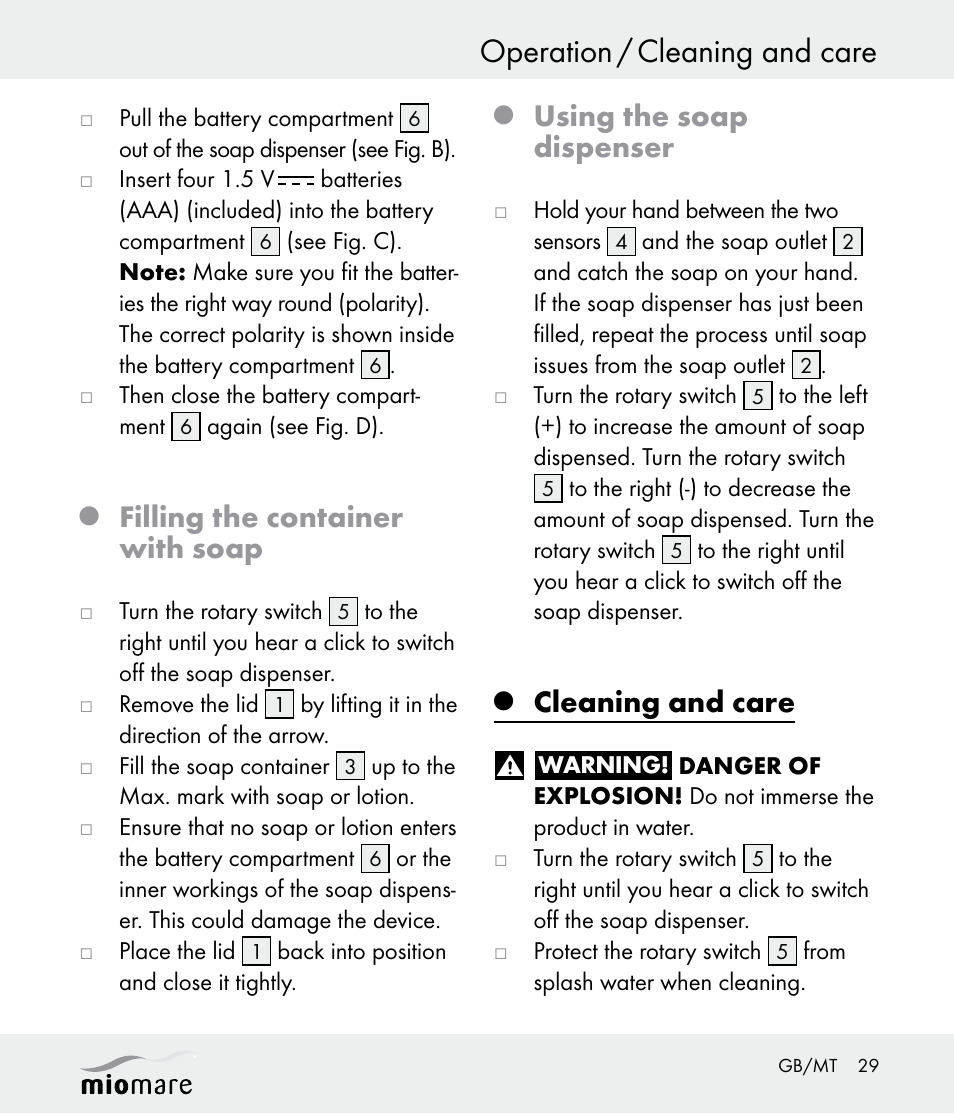 Operation / cleaning and care, Filling the container with soap, Using the soap dispenser | Cleaning and care | Miomare Z30562 User Manual | Page 29 / 39