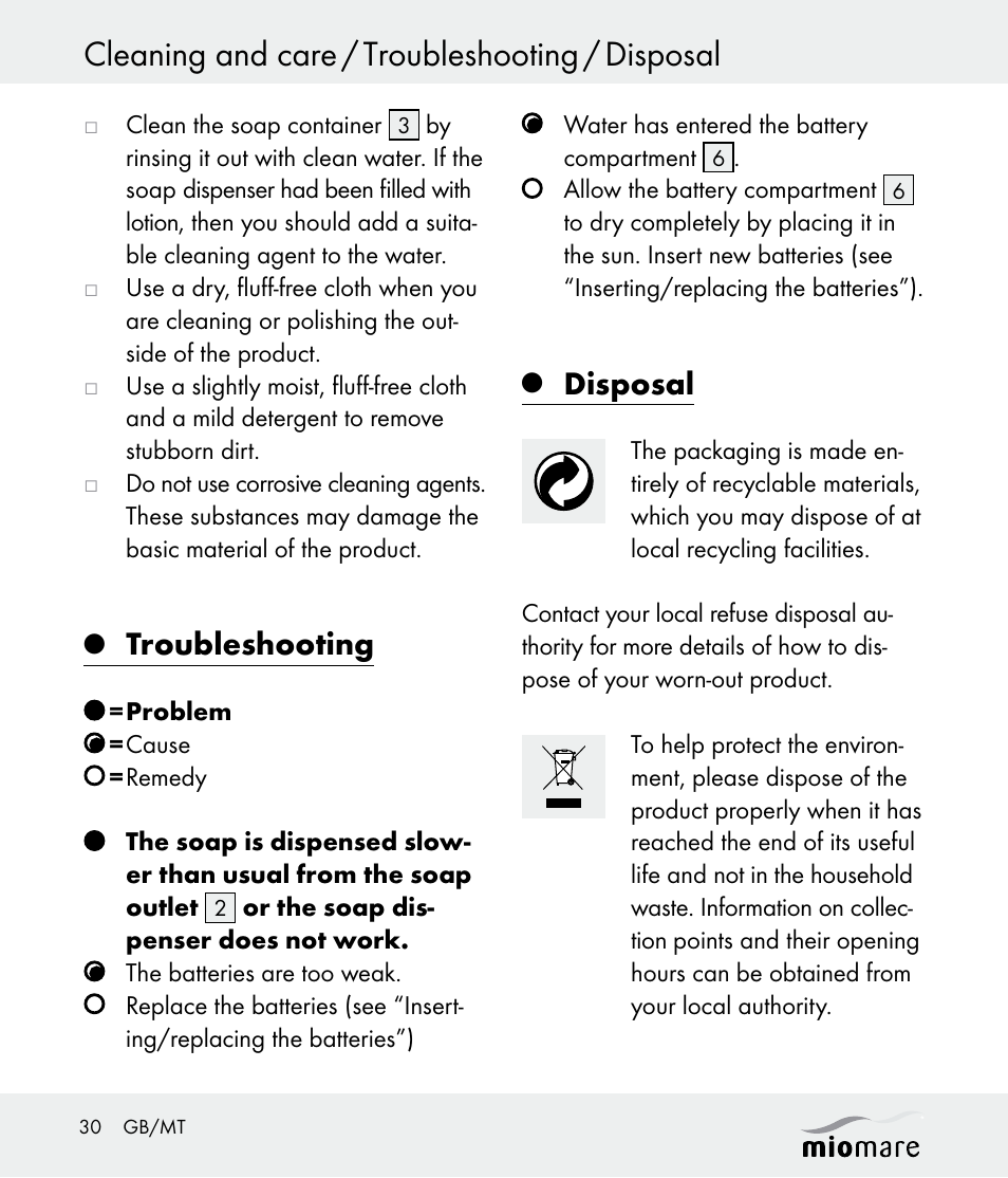 Cleaning and care / troubleshooting / disposal, Troubleshooting, Disposal | Miomare Z30562 User Manual | Page 30 / 39