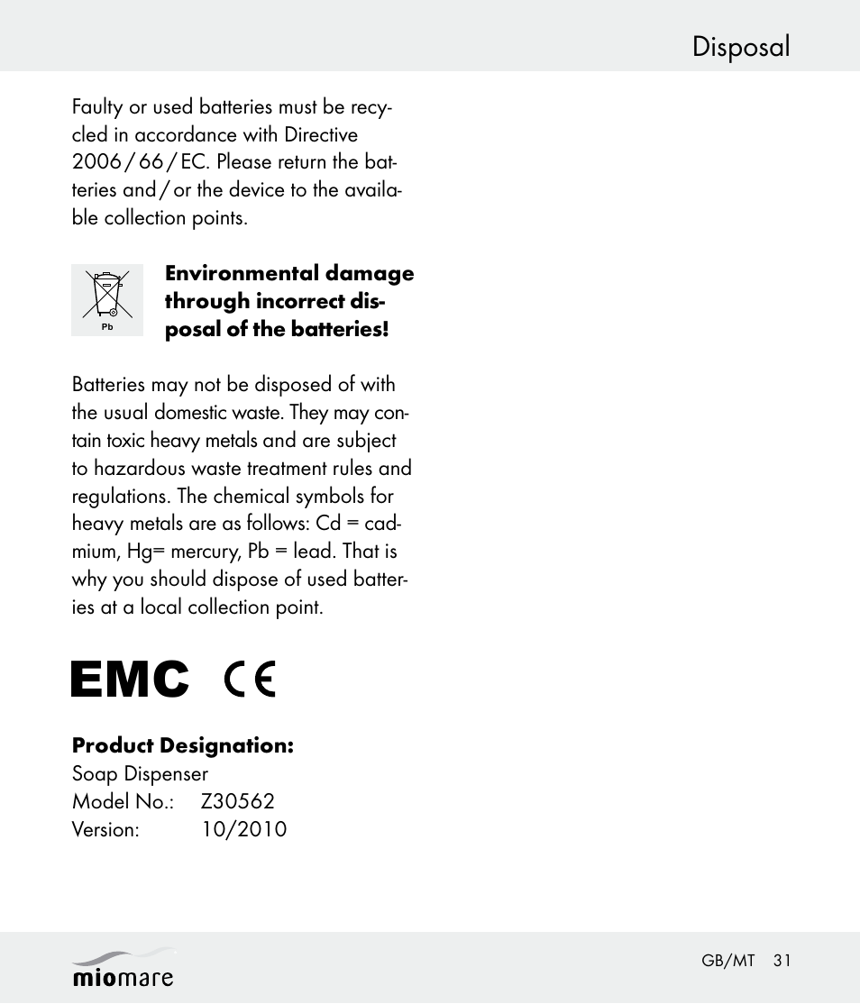 Disposal | Miomare Z30562 User Manual | Page 31 / 39