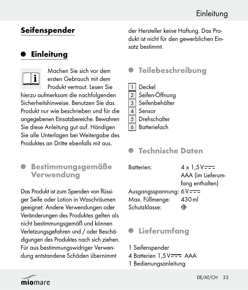 Einleitung, Seifenspender, Bestimmungsgemäße verwendung | Teilebeschreibung, Technische daten, Lieferumfang | Miomare Z30562 User Manual | Page 33 / 39