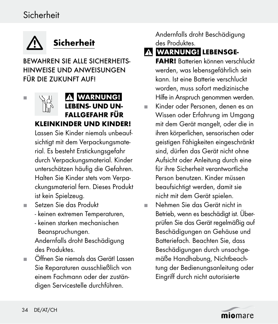 Sicherheit | Miomare Z30562 User Manual | Page 34 / 39