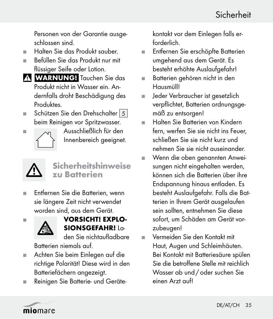 Sicherheit, Sicherheitshinweise zu batterien | Miomare Z30562 User Manual | Page 35 / 39