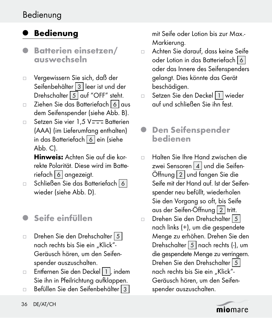 Bedienung, Batterien einsetzen/ auswechseln, Seife einfüllen | Den seifenspender bedienen | Miomare Z30562 User Manual | Page 36 / 39