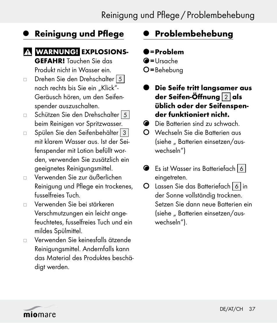 Reinigung und pflege / problembehebung, Reinigung und pflege, Problembehebung | Miomare Z30562 User Manual | Page 37 / 39