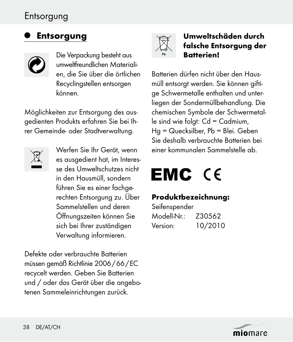 Entsorgung | Miomare Z30562 User Manual | Page 38 / 39