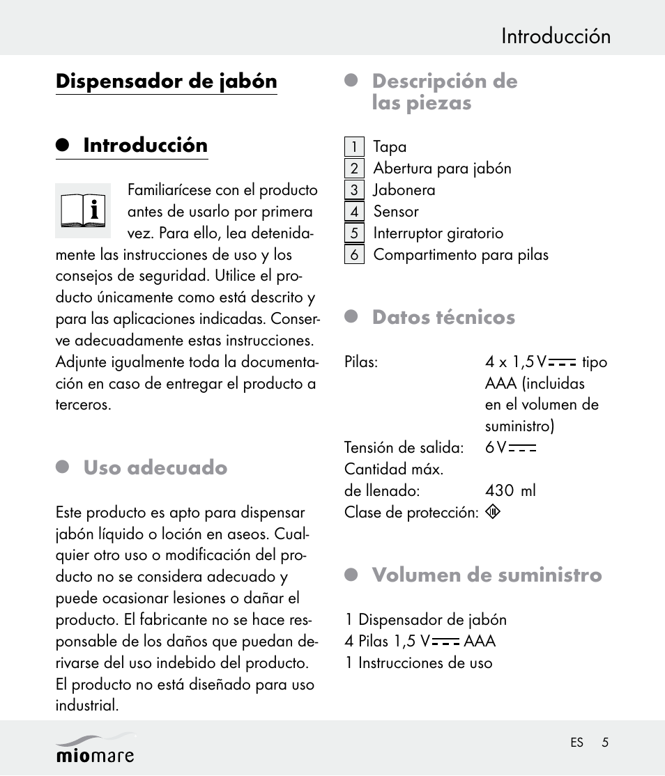 Introducción, Dispensador de jabón, Uso adecuado | Descripción de las piezas, Datos técnicos, Volumen de suministro | Miomare Z30562 User Manual | Page 5 / 39