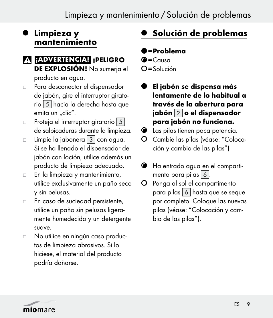 Limpieza y mantenimiento / solución de problemas, Limpieza y mantenimiento, Solución de problemas | Miomare Z30562 User Manual | Page 9 / 39