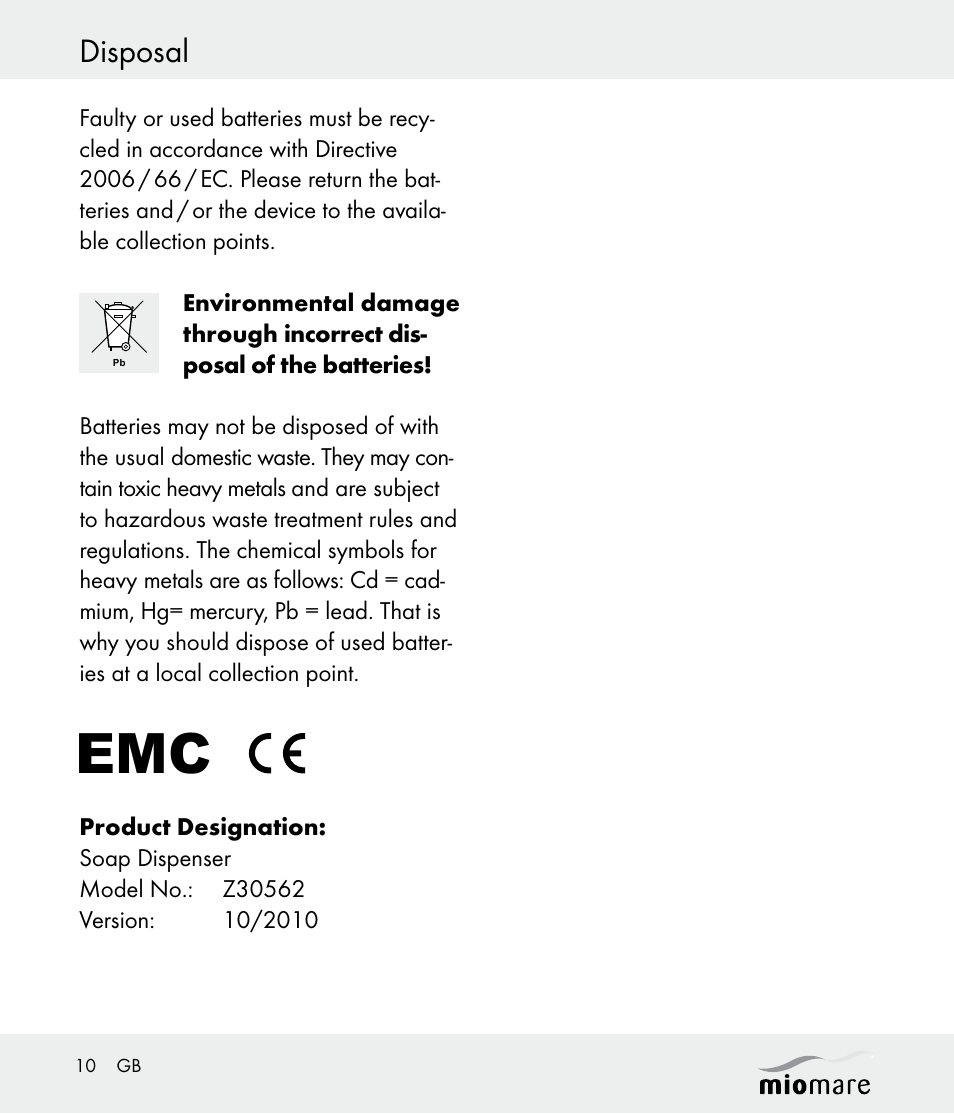 Disposal | Miomare Z30562 User Manual | Page 10 / 54