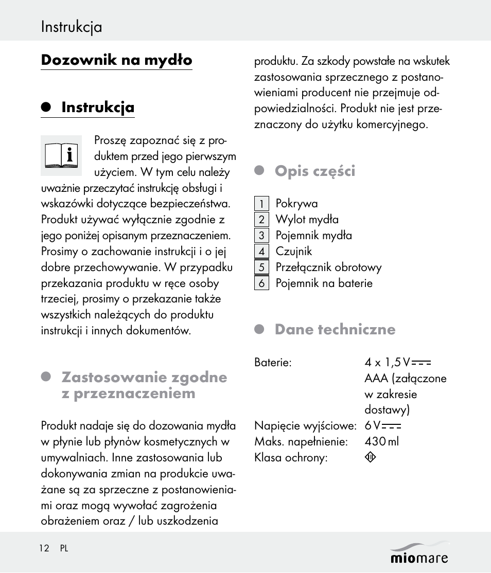 Instrukcja, Dozownik na mydło, Zastosowanie zgodne z przeznaczeniem | Opis części, Dane techniczne | Miomare Z30562 User Manual | Page 12 / 54