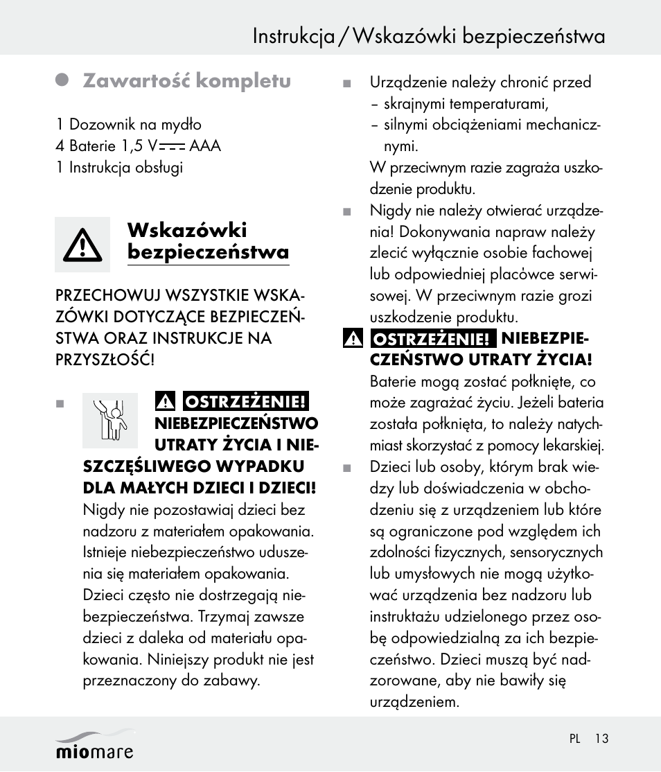 Instrukcja / wskazówki bezpieczeństwa, Zawartość kompletu, Wskazówki bezpieczeństwa | Miomare Z30562 User Manual | Page 13 / 54